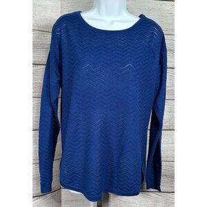 Hannah Women’s Chevron Open Knit Sweater Blue Long Sleeve Round Neck Size L